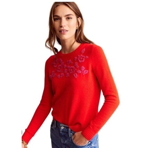 Boden Women's Crew Sweater Small Brilliant Red Floral Knit Wool Blend K0865 NWOT - Picture 1 of 10